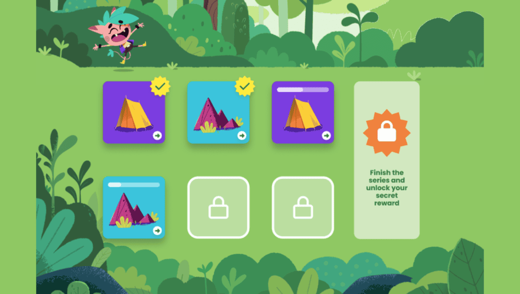 The Chatter Labs app landing page — a magical forest with Ivy and six game buttons to choose from.