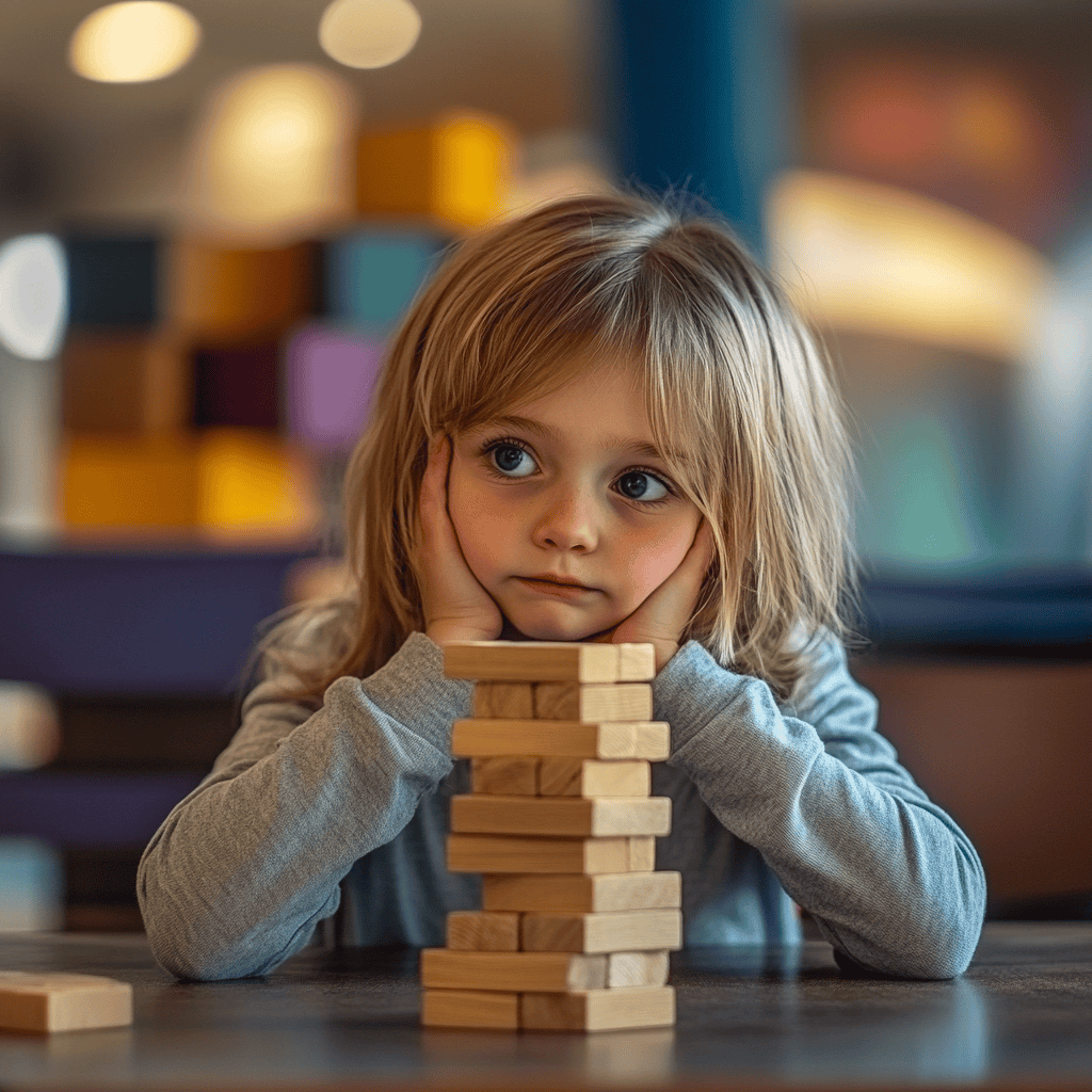 young blond child looking bored playing speech jenga