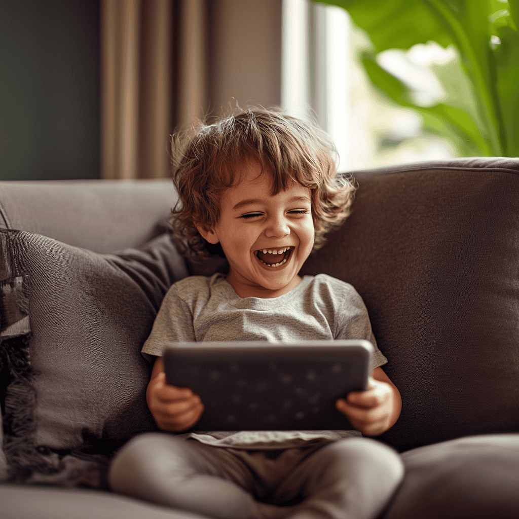 a child sitting in a sofa laughing while playing an articulation therapy app on his tablet