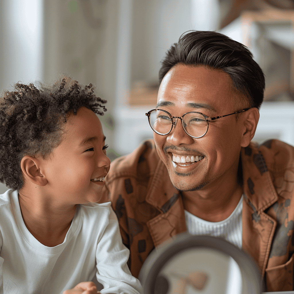 asian man and black child looking in a mirror to practice speech sound articulation