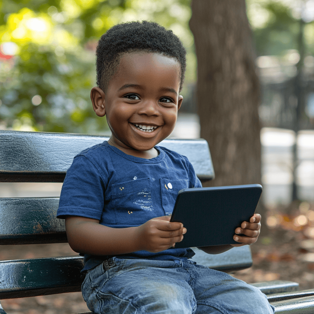 black boy sitting on a park bench with a tablet playing a language development app