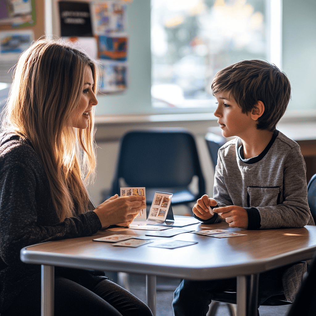 child doing speech articulation therapy in a classroom with speech and language therapist