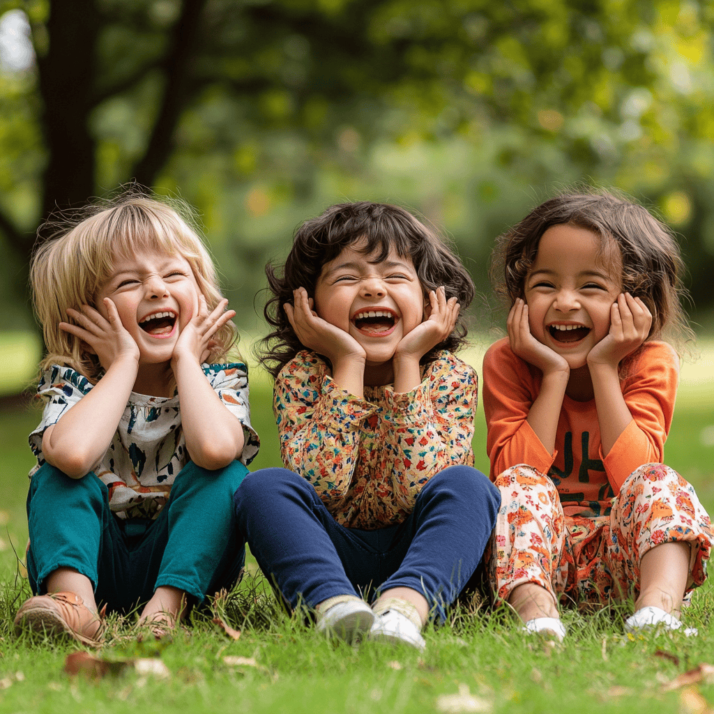 three children laughing while sitting in a nice park with grass