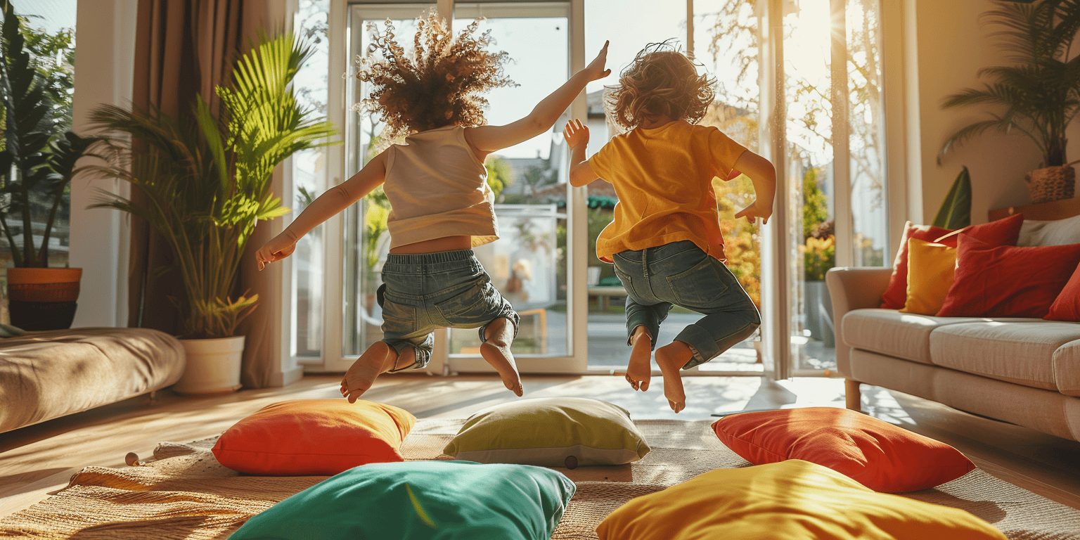 two children playing an articulation therapy version of the floor is lava in a living room