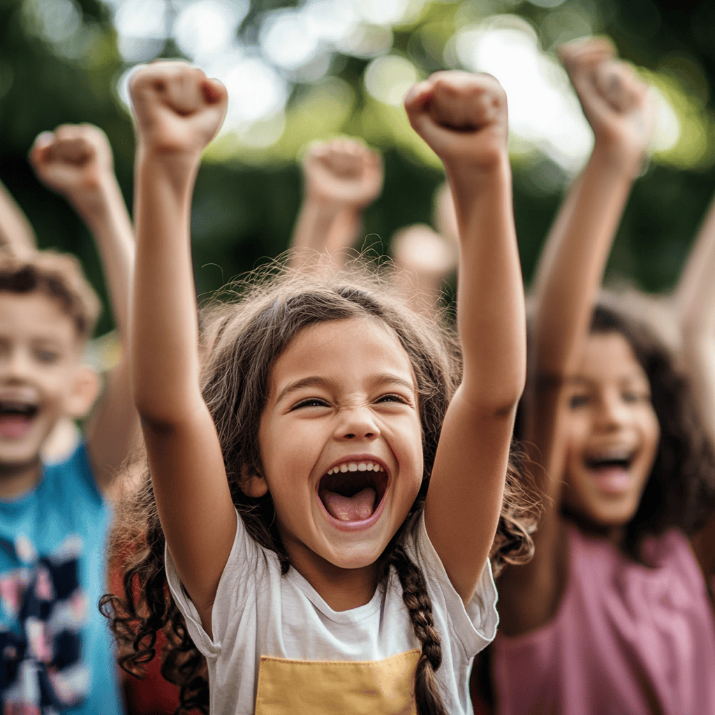 group of children cheering for the launch of a new speech therapy app v2