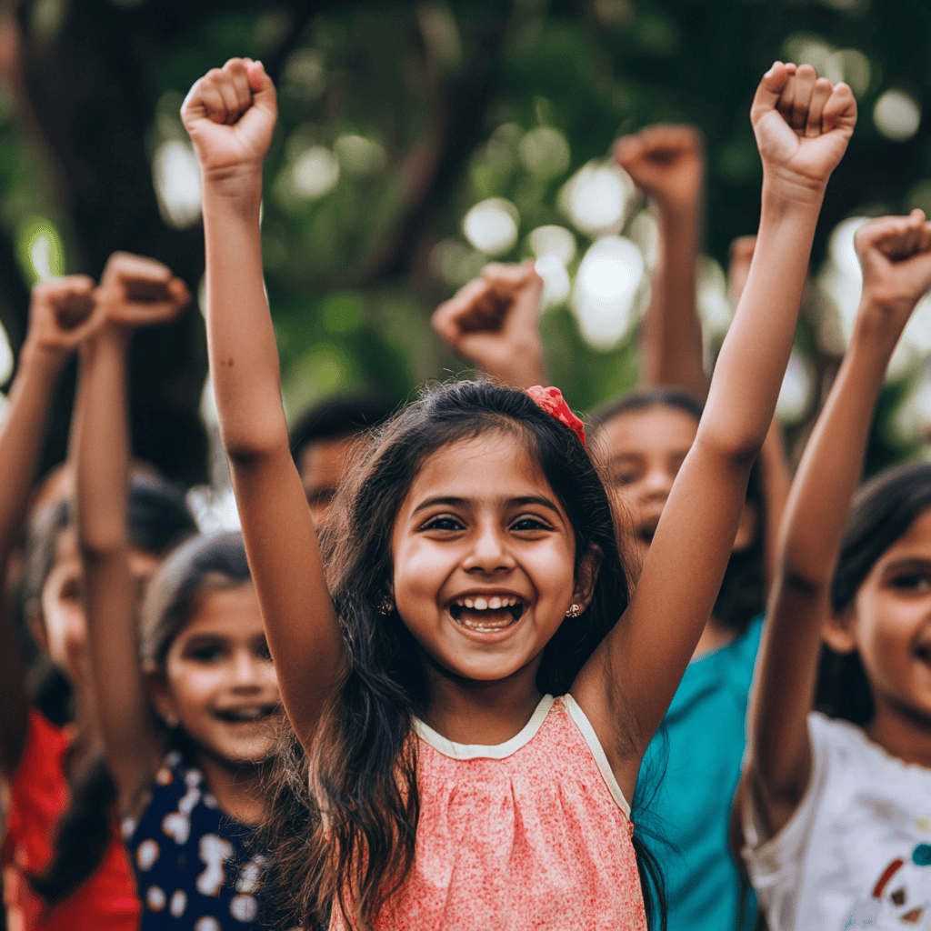 group of children cheering for the launch of a new speech therapy app v3