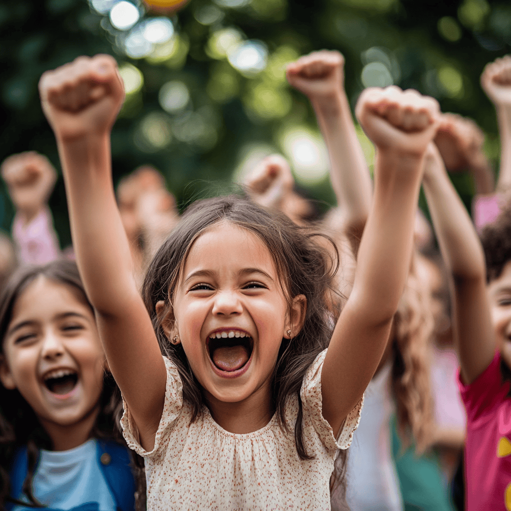 group of children cheering for the launch of a new speech therapy app