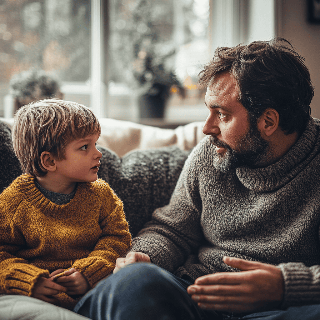 A father and a 5yo child are sitting on a sofa in the living room and doing at home speech therapy activities