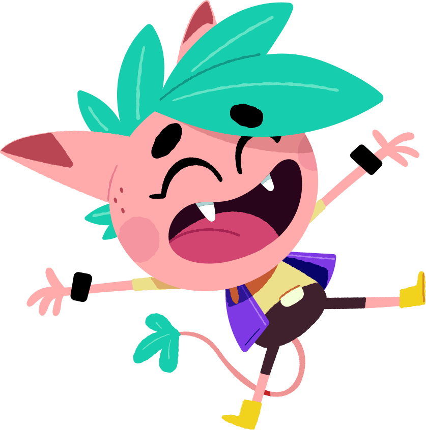 Chatter Labs Speech Therapy App Hero, Ivy, jumping happily to welcome children to play games with her. Ivy is dressed in rock band clothes, has green leaves as hair and a tail, she has pointy teeth and is a very warm and welcoming character.