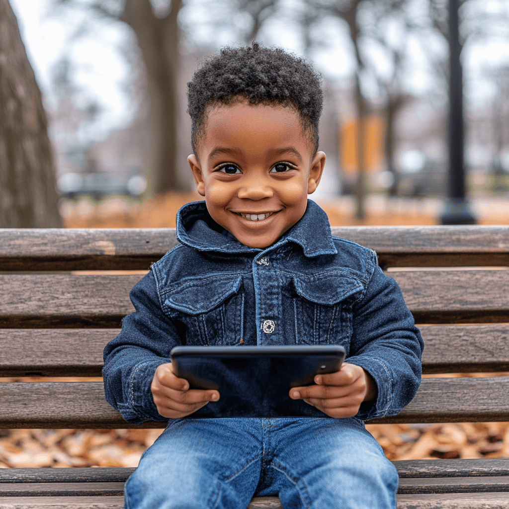 black boy sitting on a park bench with a tablet playing the best speech therapy apps for kids