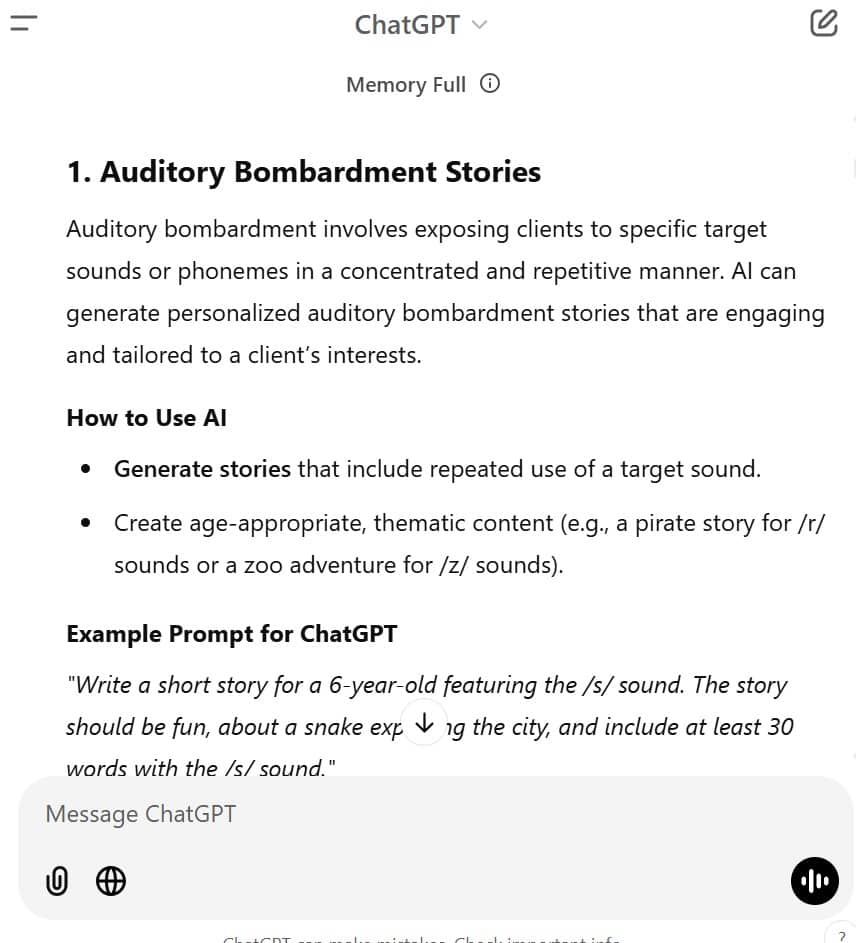 Example chatGPT output of using AI for speech language pathologists: auditory bombardment story
