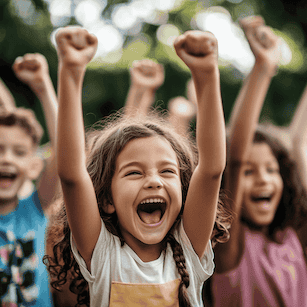 group of children cheering for the launch of a new articulation games app